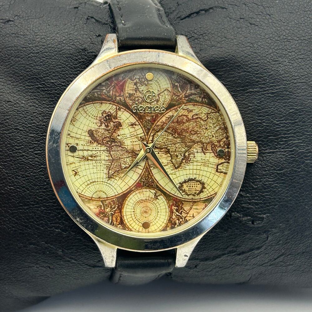 Decree World Map Dial Silver Black Leather Watch Working New Battery